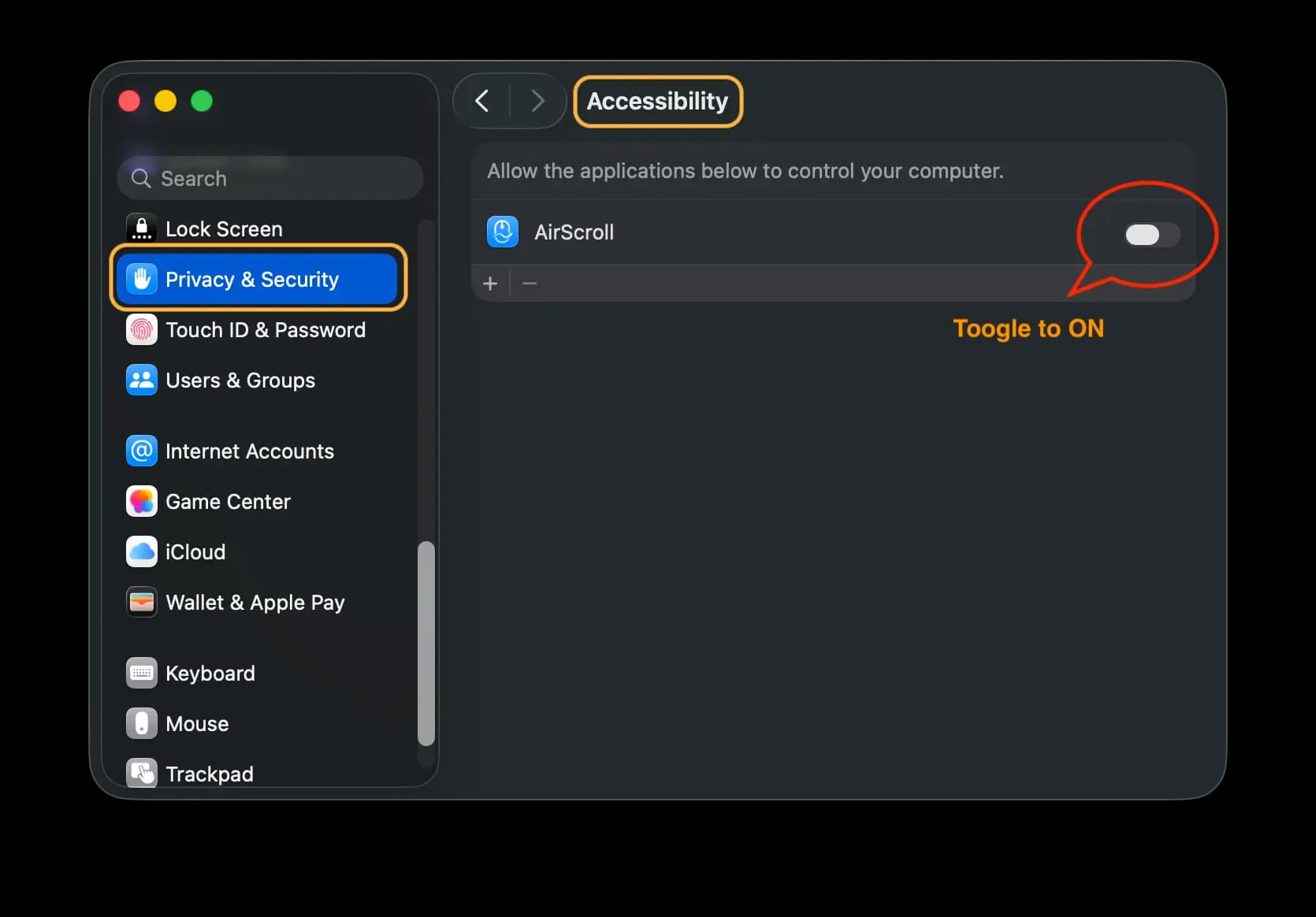 Screenshot of granting Accessibility Permission to AirScroll in System Settings