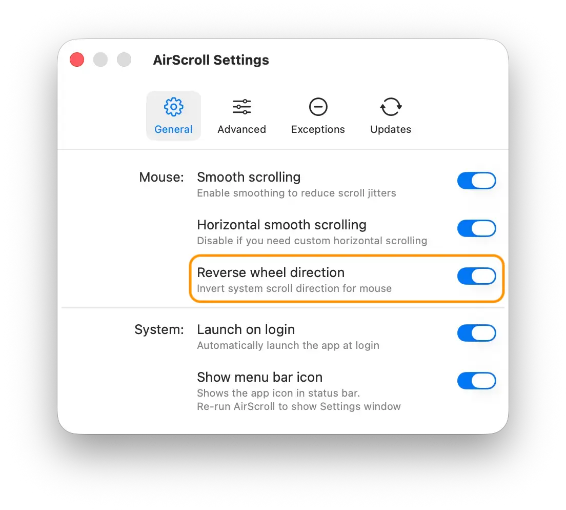 AirScroll General Settings with Reverse wheel direction toggle