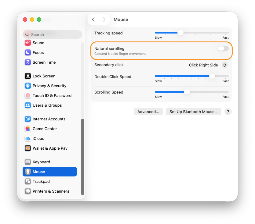macOS Mouse settings with Natural Scrolling toggle