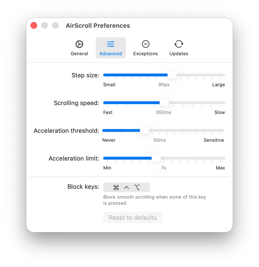 Screenshot of customizable scroll settings in AirScroll