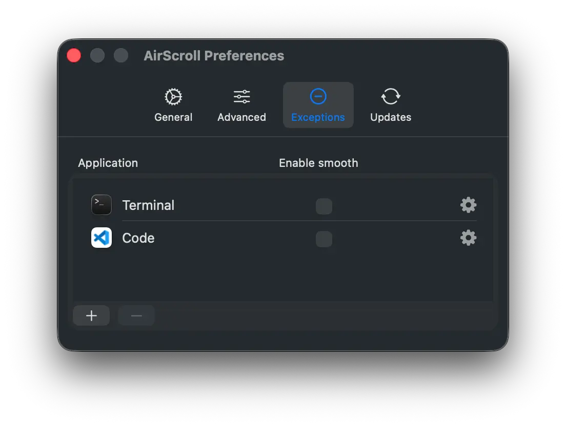 Screenshot showing per-app scroll settings in AirScroll
