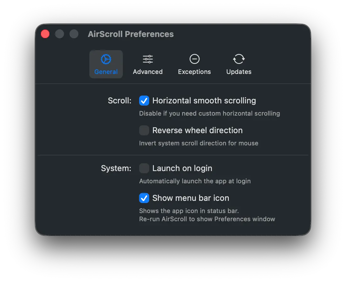 Screenshot of general settings in AirScroll